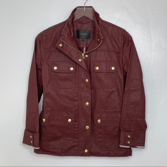 J. Crew Jackets & Blazers - J. Crew Waxed Cotton Jacket Burgundy Brass Hardware Multiple Pockets NWT Size S